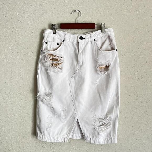 Rag & Bone White Denim Distressed Midi Skirt - Picture 1 of 8
